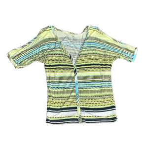 new york & company yellow and blue striped boho button top w/slit sleeve y2k